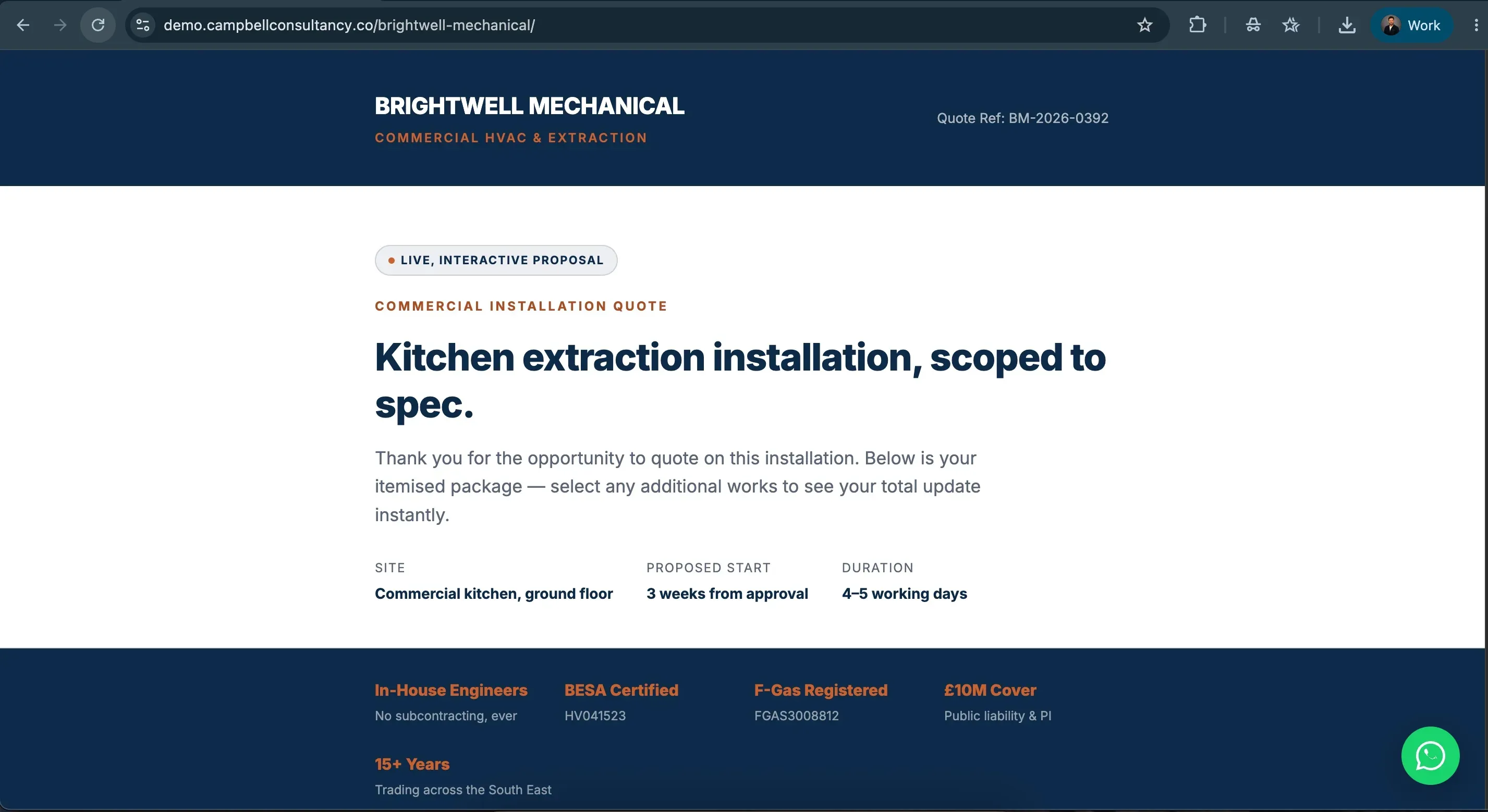 Brightwell Mechanical Services live commercial installation proposal — kitchen extraction quote