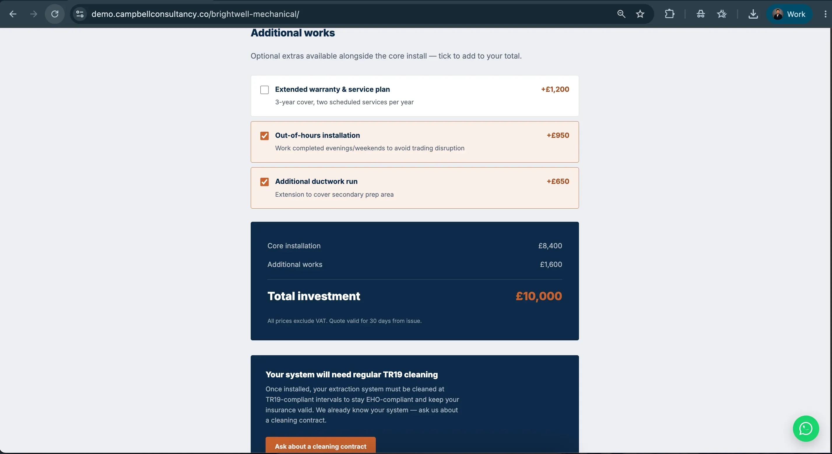Brightwell Mechanical proposal with optional works ticked and total updating live