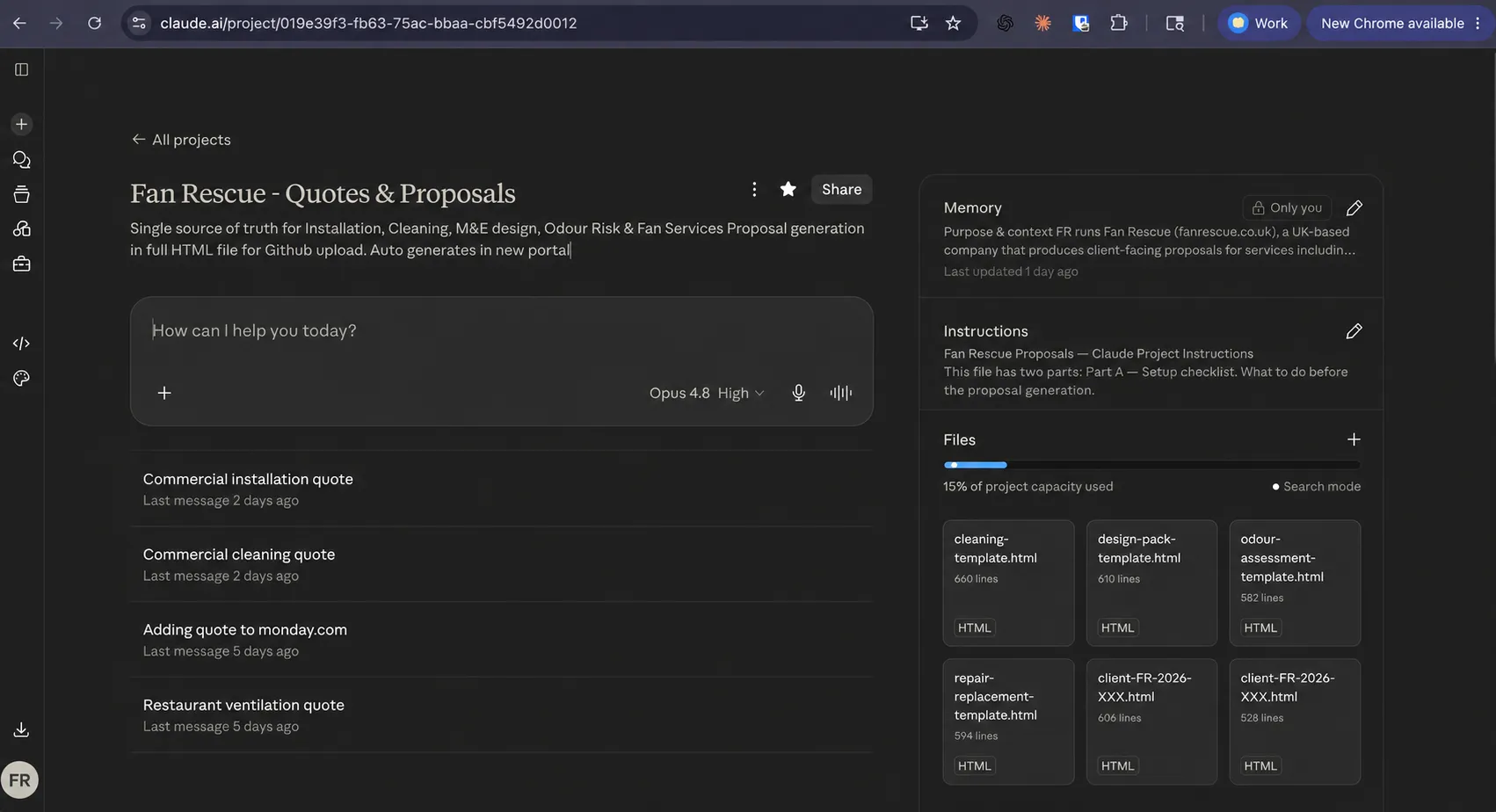 Claude AI project dashboard showing Fan Rescue Quotes and Proposals project with HTML proposal templates