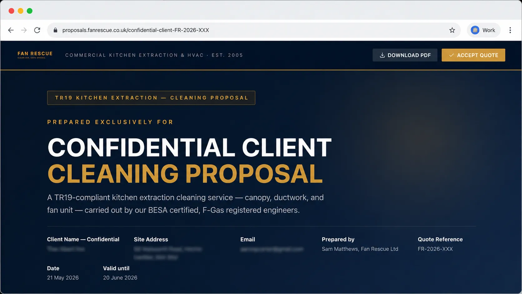 Live branded Fan Rescue client proposal page deployed automatically to Cloudflare Pages — confidential client cleaning proposal with Download PDF and Accept Quote actions