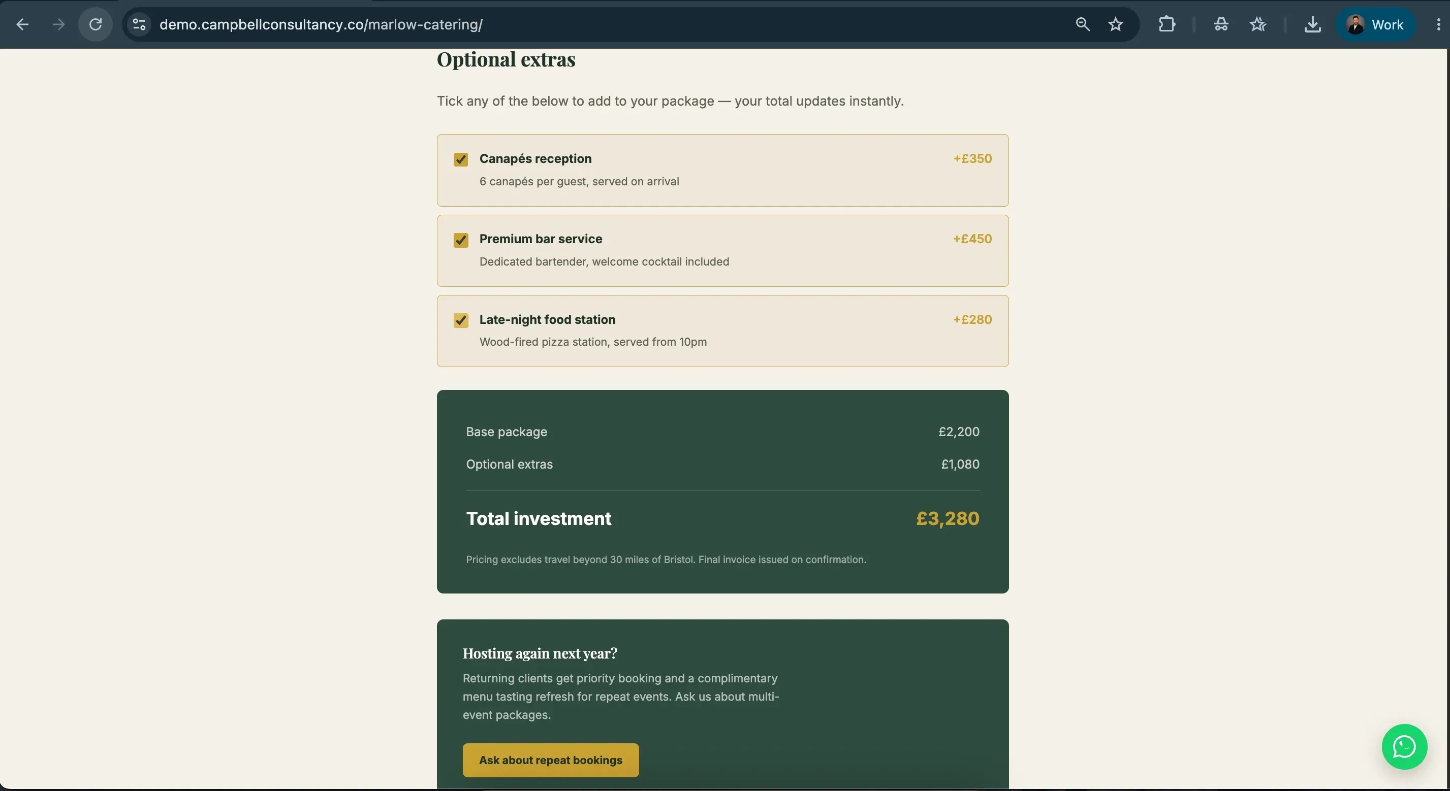 Marlow & Co. proposal with optional extras ticked and total updating live