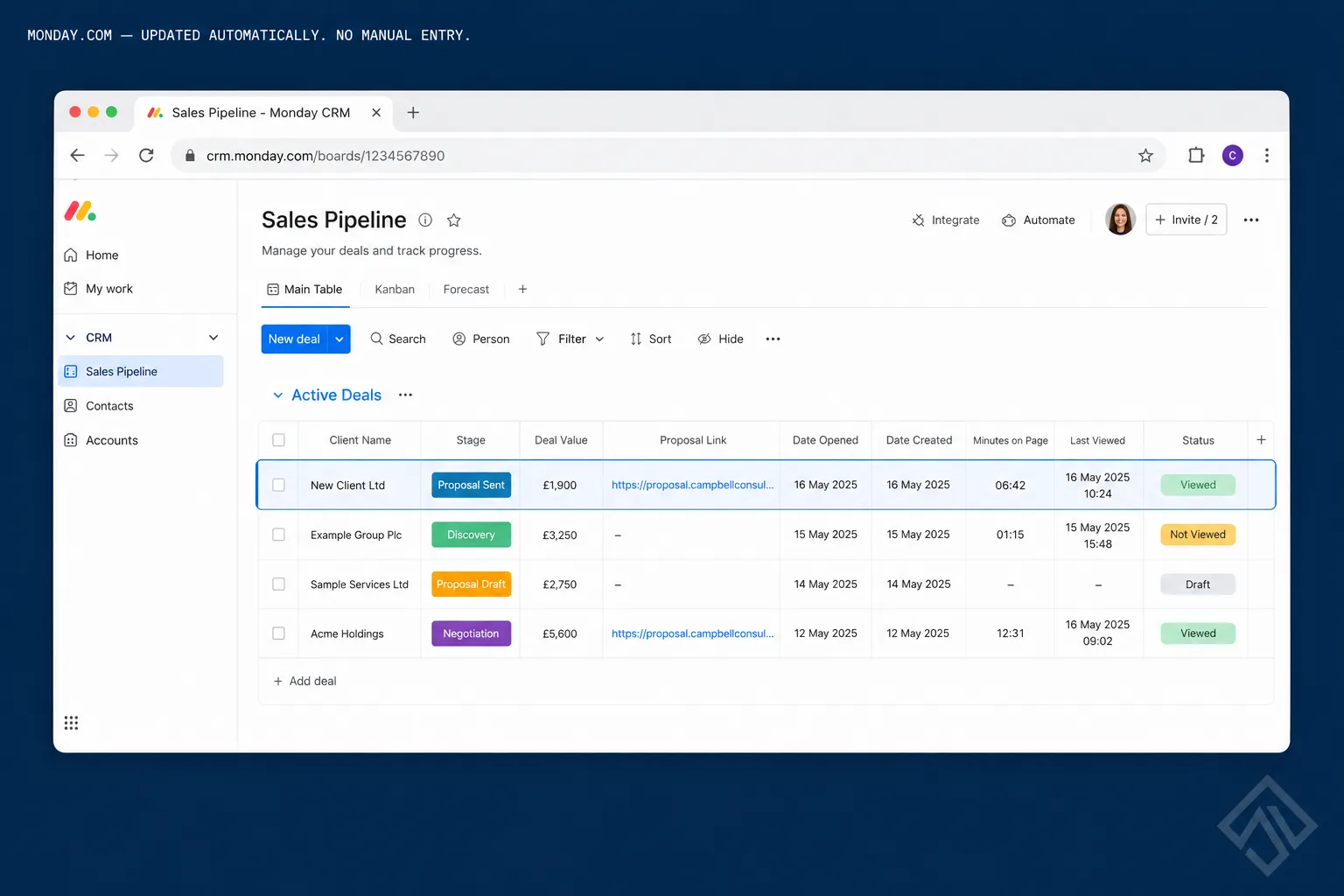 Monday.com CRM deal card auto-populated