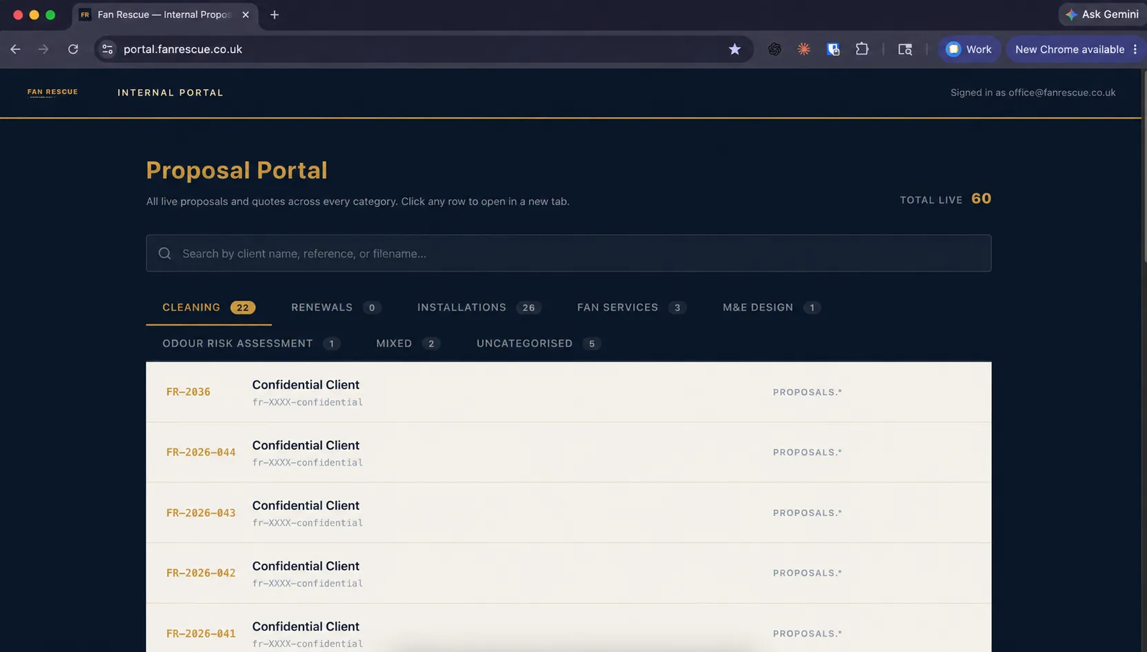 Internal Fan Rescue proposal portal dashboard showing 60 live proposals categorised by type