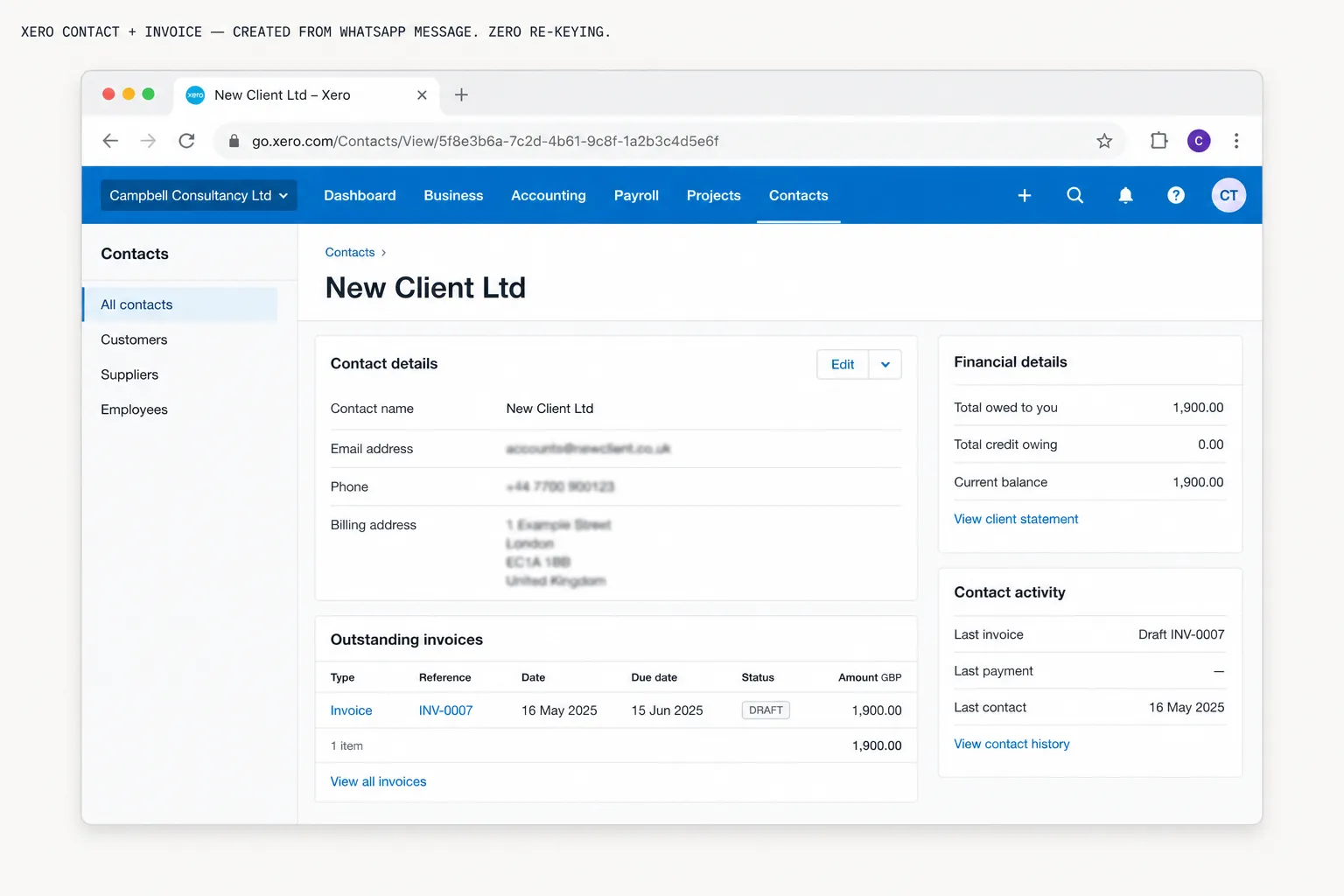 Xero contact record and invoice created automatically